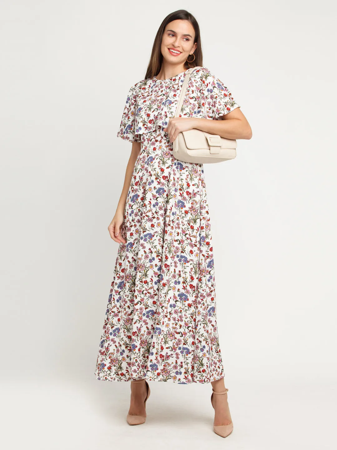 White Printed Layered Maxi Dress