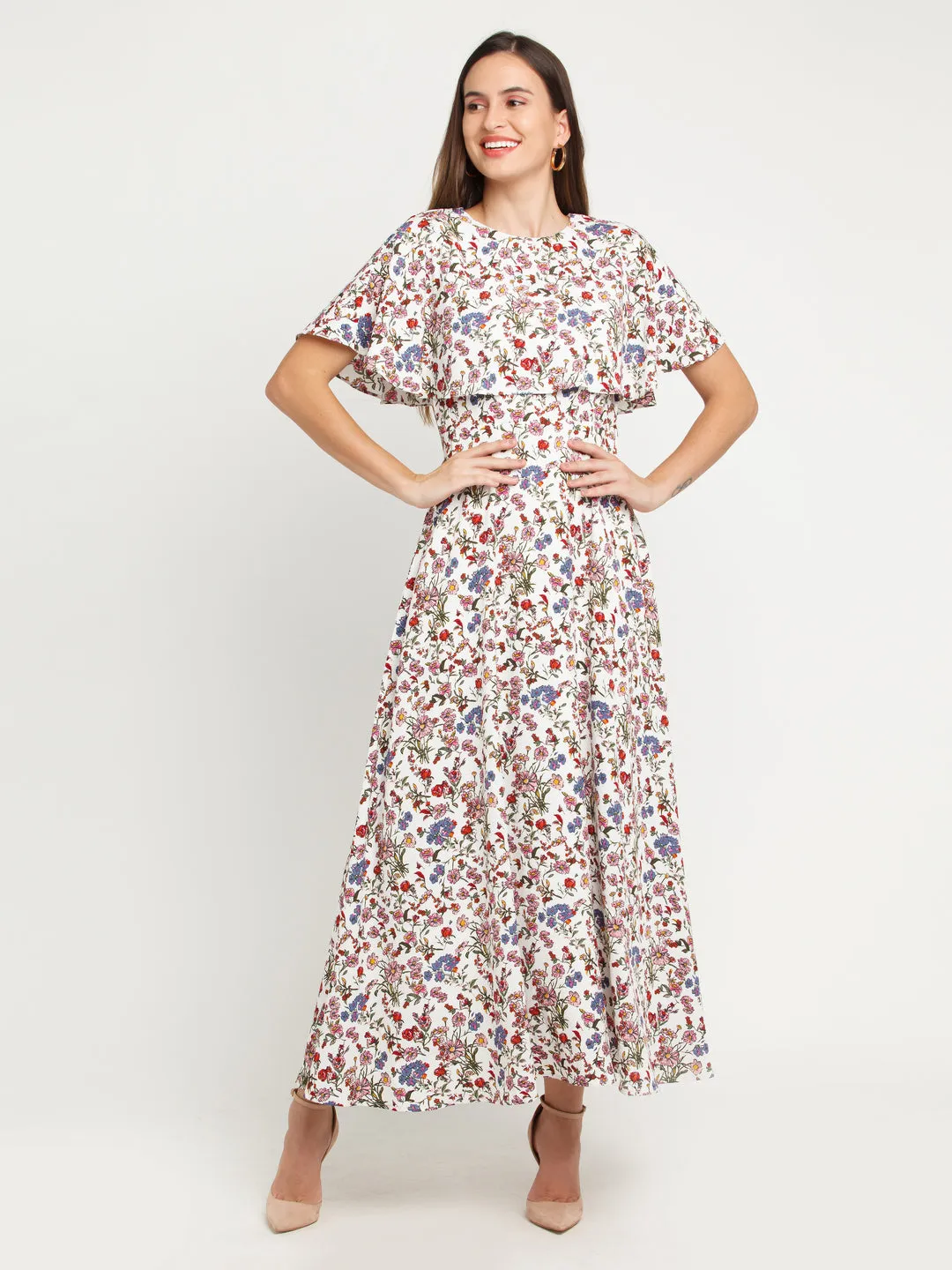 White Printed Layered Maxi Dress