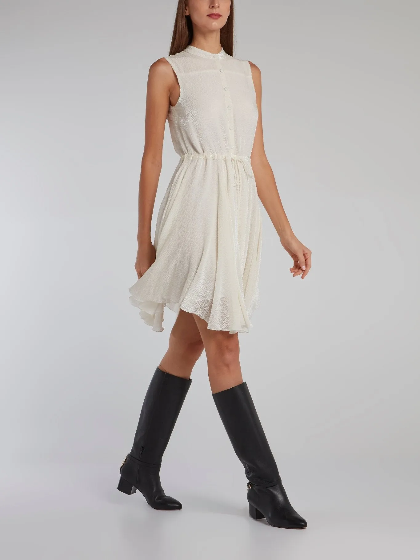 White Sleeveless Pleated Shirt Dress