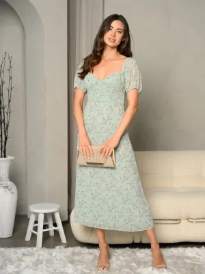 WOMEN'S FLORAL PRINT SHORT SLEEVE SMOCKED BODICE MIDI DRESS
