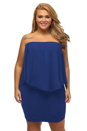 Women's Royal Blue Off Shoulder Bandeau Ruffles Multiple Layered Plus Size Mini Dress