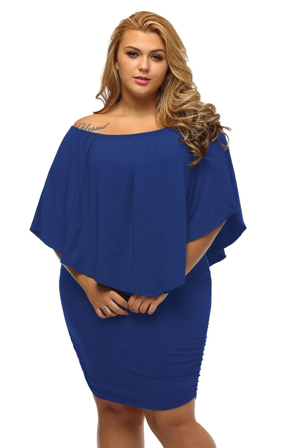 Women's Royal Blue Off Shoulder Bandeau Ruffles Multiple Layered Plus Size Mini Dress