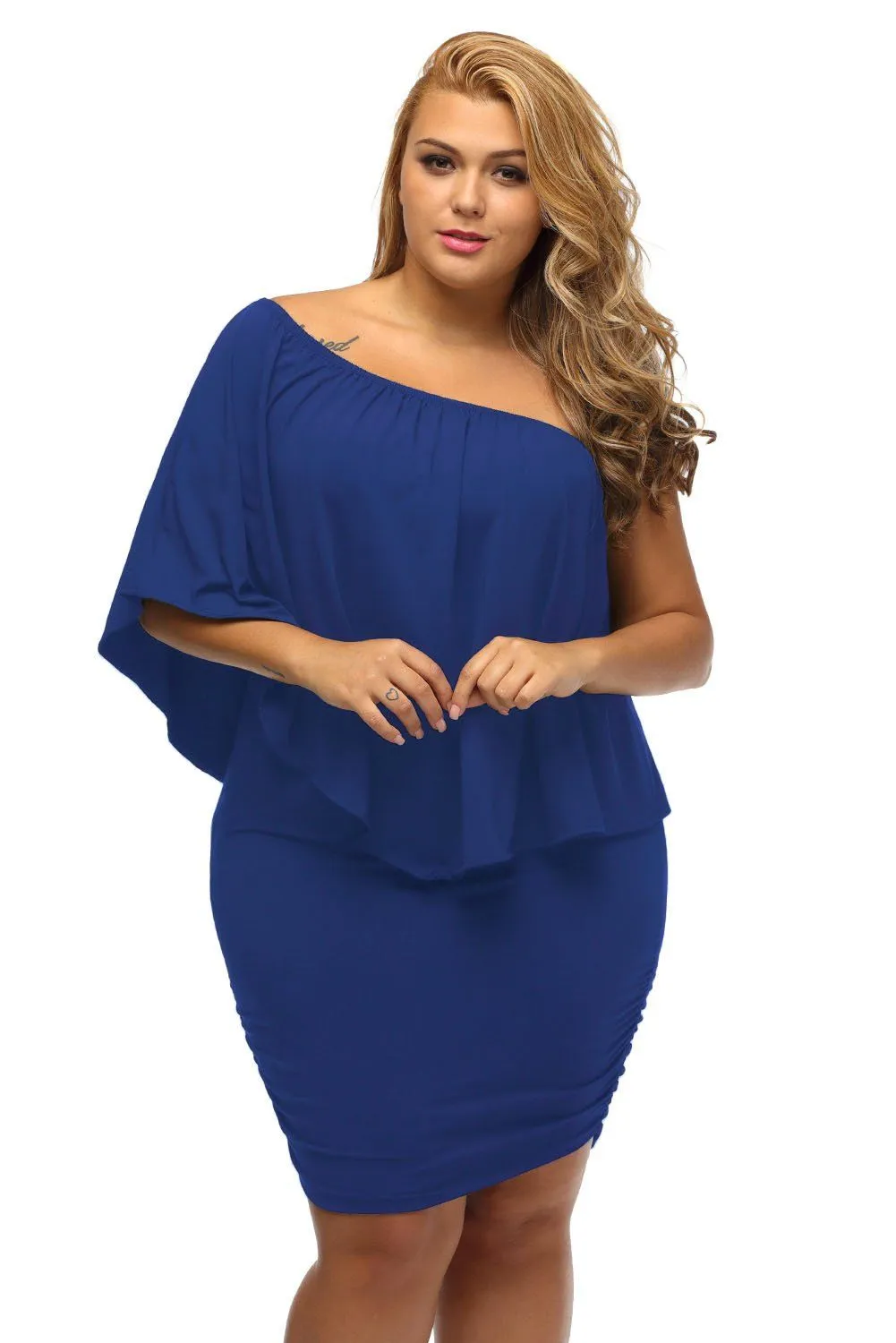Women's Royal Blue Off Shoulder Bandeau Ruffles Multiple Layered Plus Size Mini Dress