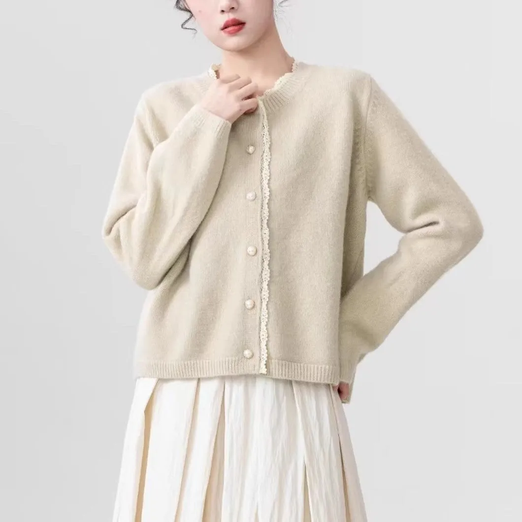 XIEYINSHE Autumn and winter crew neck casual knitted jacket versatile pearl buckle fresh and sweet college style sweater cardigan top women