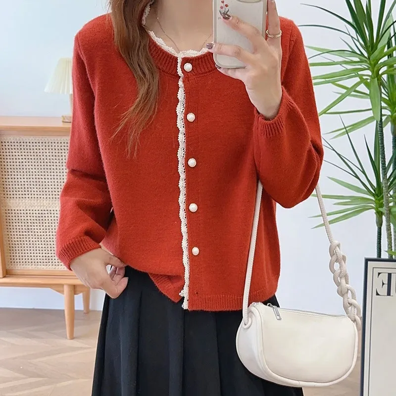 XIEYINSHE Autumn and winter crew neck casual knitted jacket versatile pearl buckle fresh and sweet college style sweater cardigan top women